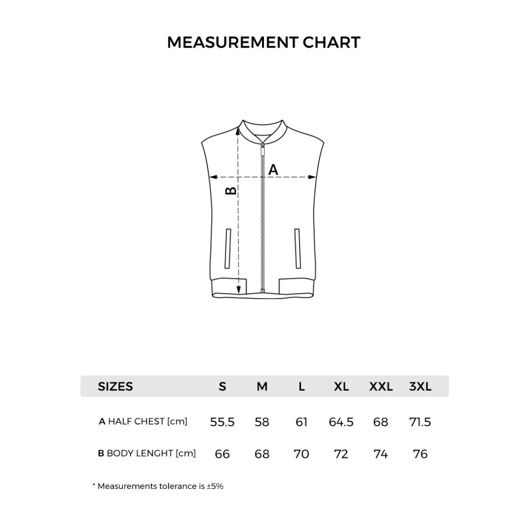Tehnički crtež sa merama: LIBERTY VEST MEN