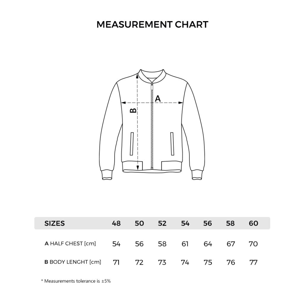 Tehnički crtež sa merama: FORCE JACKET