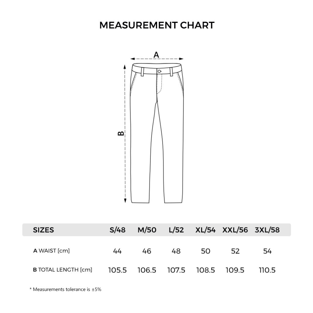 Tehnički crtež sa merama: HAMMER STRETCH PANTS